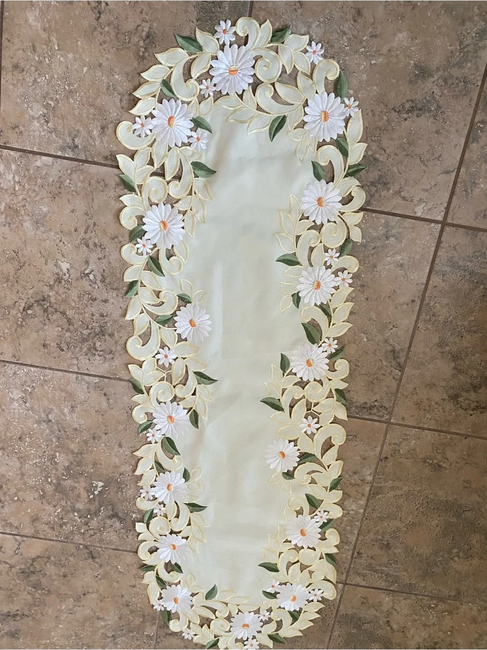 Yellow Embroidered Floral Cut Work Lace Center Cottagevore Table Runner 44x15